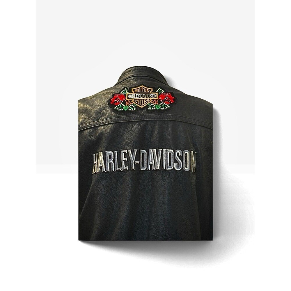 Harley-Davidson Women’s M Black Leather Motorcycle Riding Jacket Roses Crystals